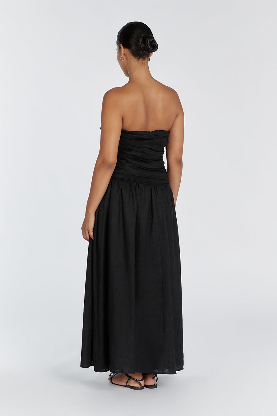 Black Linen Strapless Midi Dress with Drop Waist