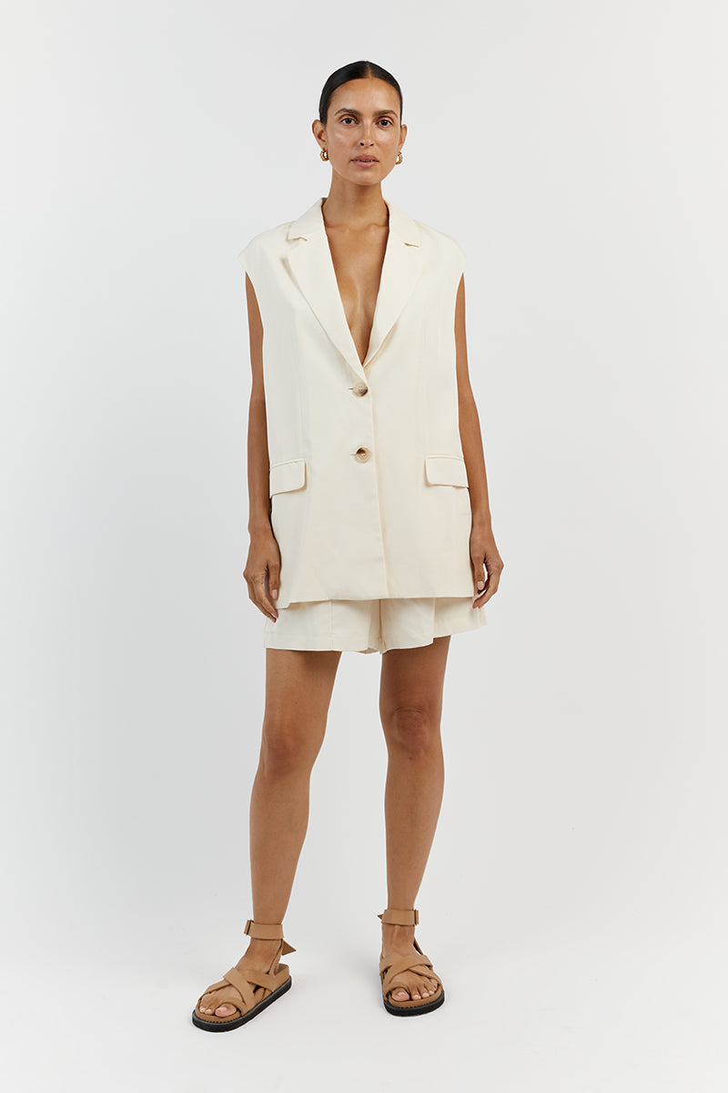 Amelia Off White Sleeveless Blazer – Tencel Linen Blend