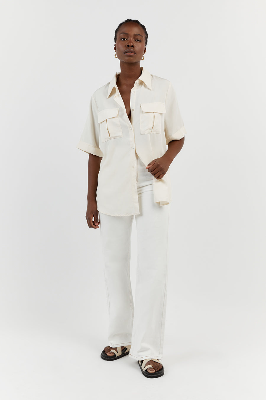 Amelia Off White Safari Shirt - Tencel Linen Blend Short Sleeve