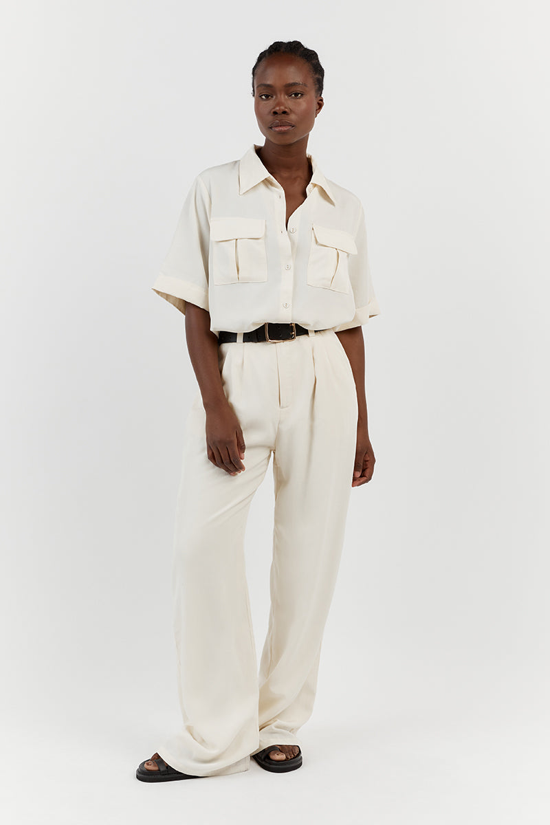 Amelia High Waist Linen Blend Wide Leg Pants - Off White