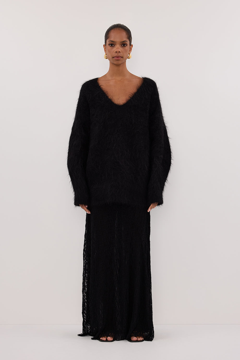Salma Black V Neck Knit Jumper - Ribbed Long Sleeve Sweater