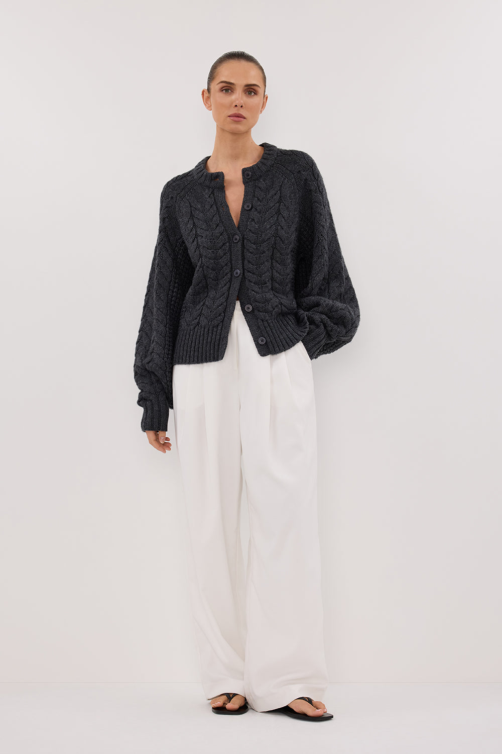 Tom Men's Charcoal Cable Knit Cardigan - Relaxed Fit Long Sleeve