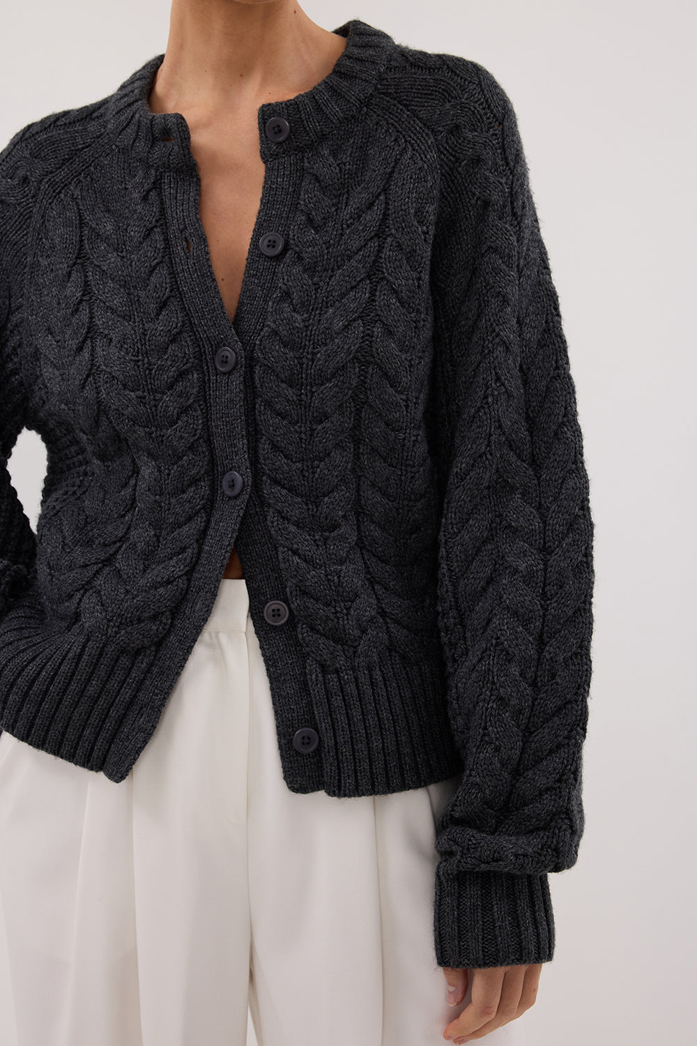Tom Men's Charcoal Cable Knit Cardigan - Relaxed Fit Long Sleeve