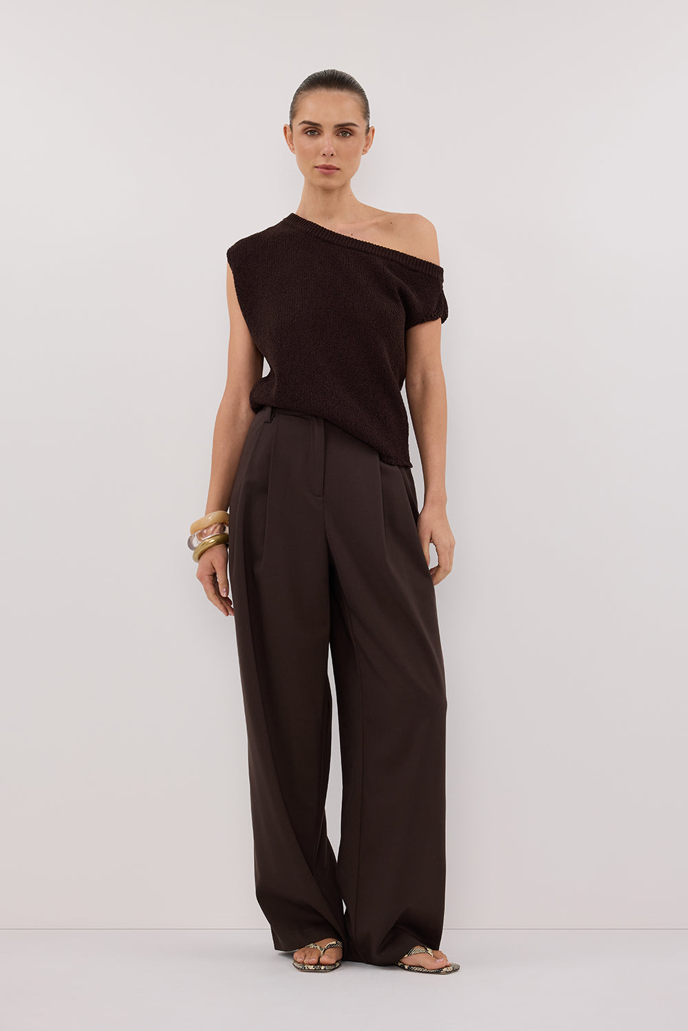 Chocolate Brown Asymmetrical Knit Top – Relaxed Fit & Rolled Hem
