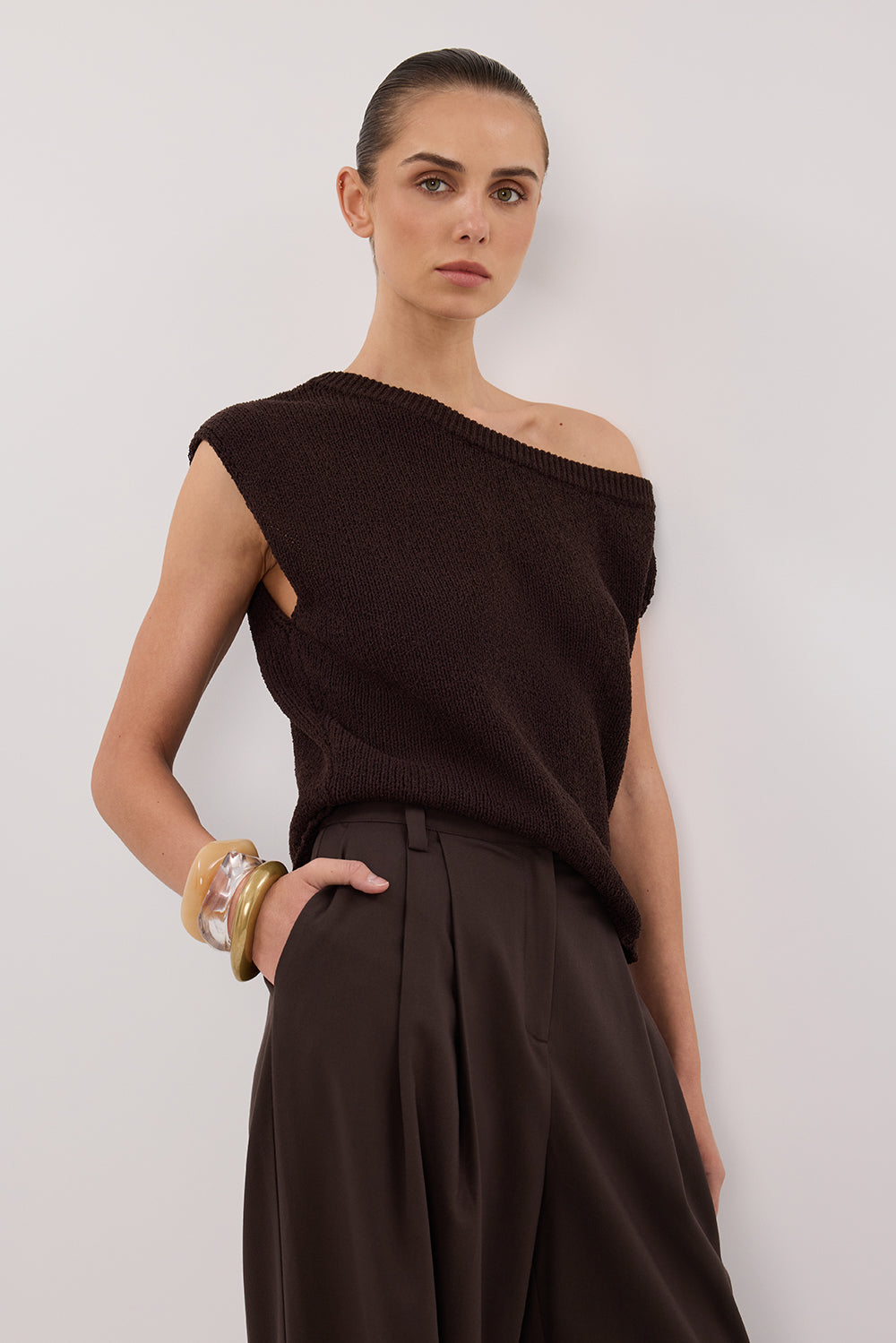 Chocolate Brown Asymmetrical Knit Top – Relaxed Fit & Rolled Hem