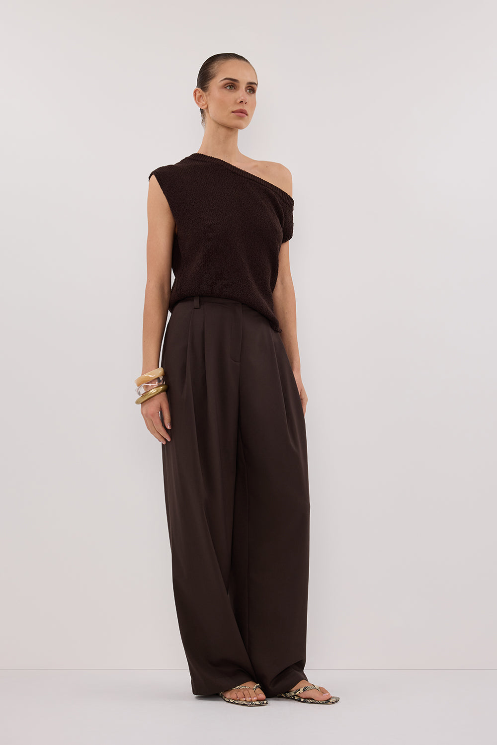 Chocolate Brown Asymmetrical Knit Top – Relaxed Fit & Rolled Hem