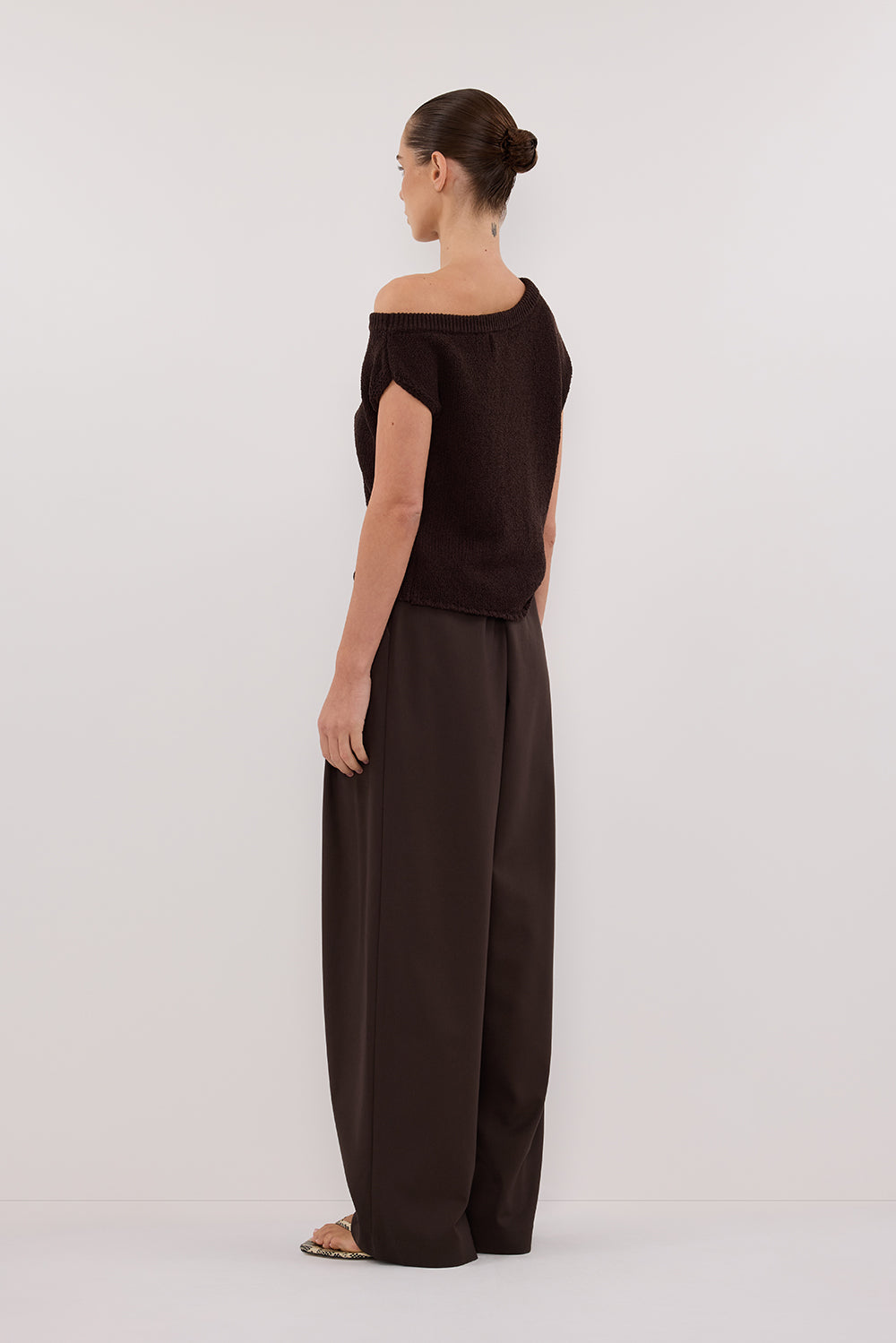 Chocolate Brown Asymmetrical Knit Top – Relaxed Fit & Rolled Hem