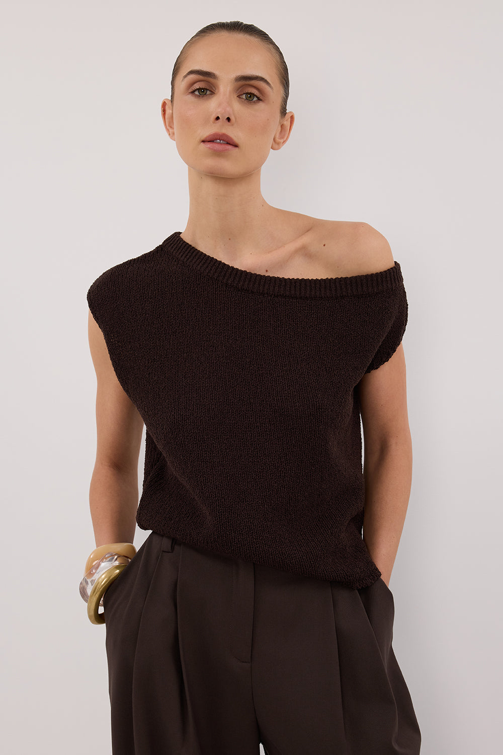 Chocolate Brown Asymmetrical Knit Top – Relaxed Fit & Rolled Hem