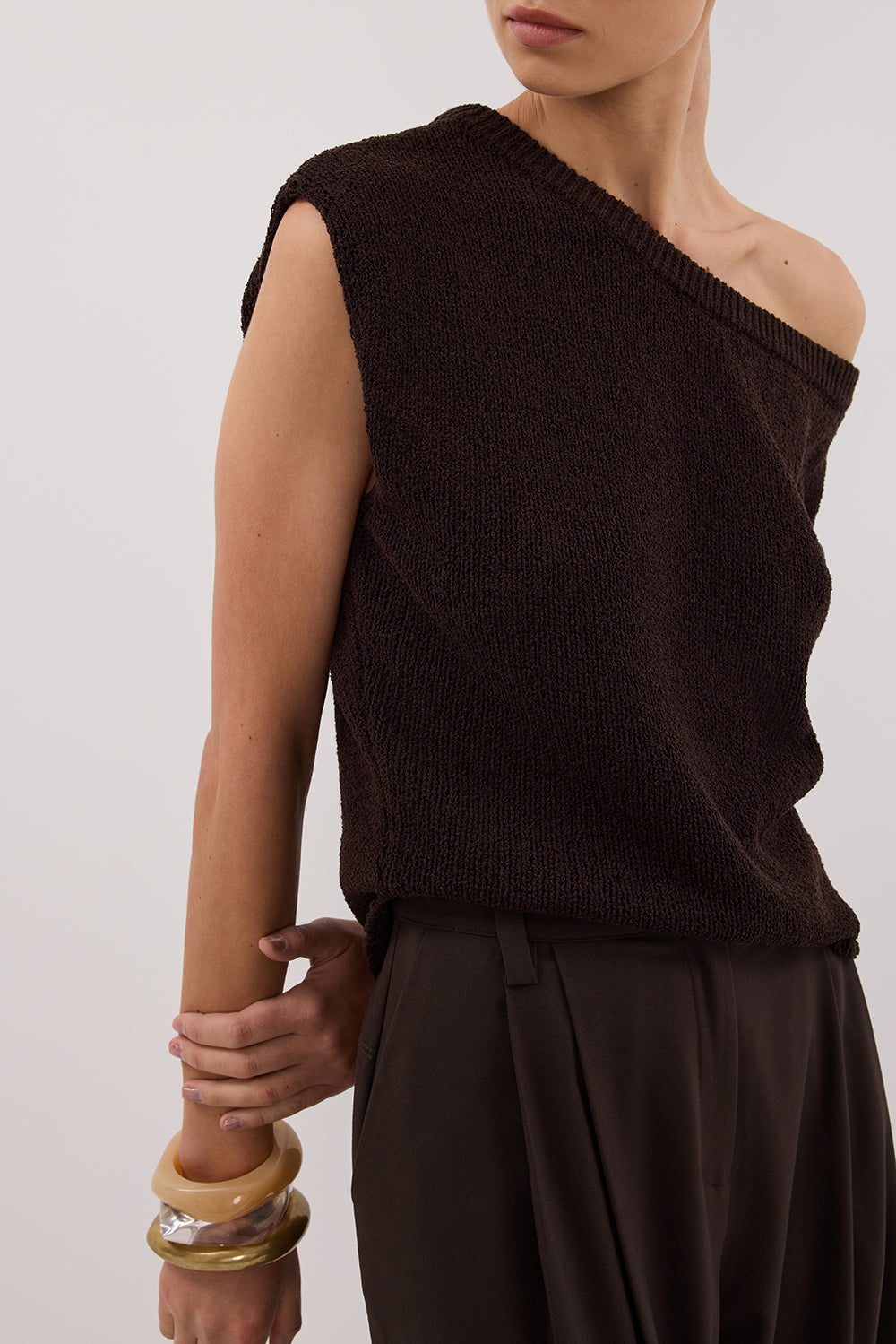 Chocolate Brown Asymmetrical Knit Top – Relaxed Fit & Rolled Hem