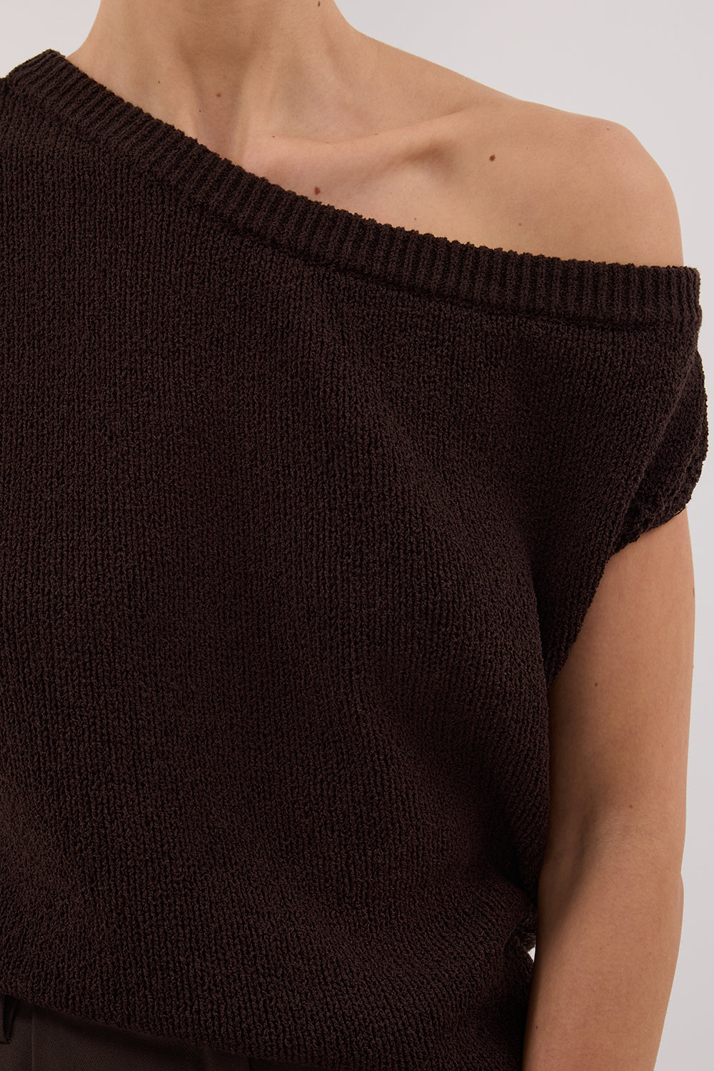 Chocolate Brown Asymmetrical Knit Top – Relaxed Fit & Rolled Hem