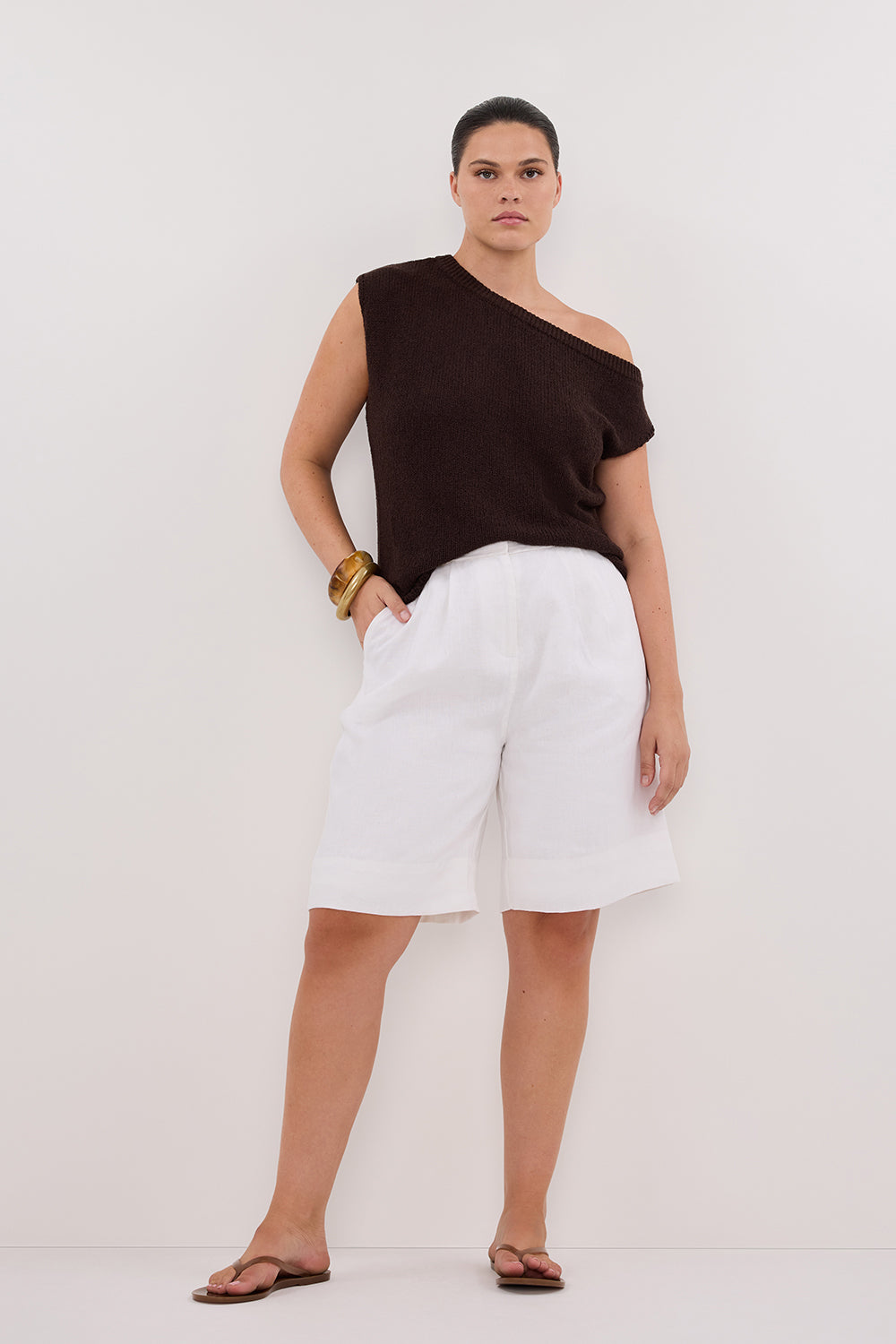 Chocolate Brown Asymmetrical Knit Top – Relaxed Fit & Rolled Hem