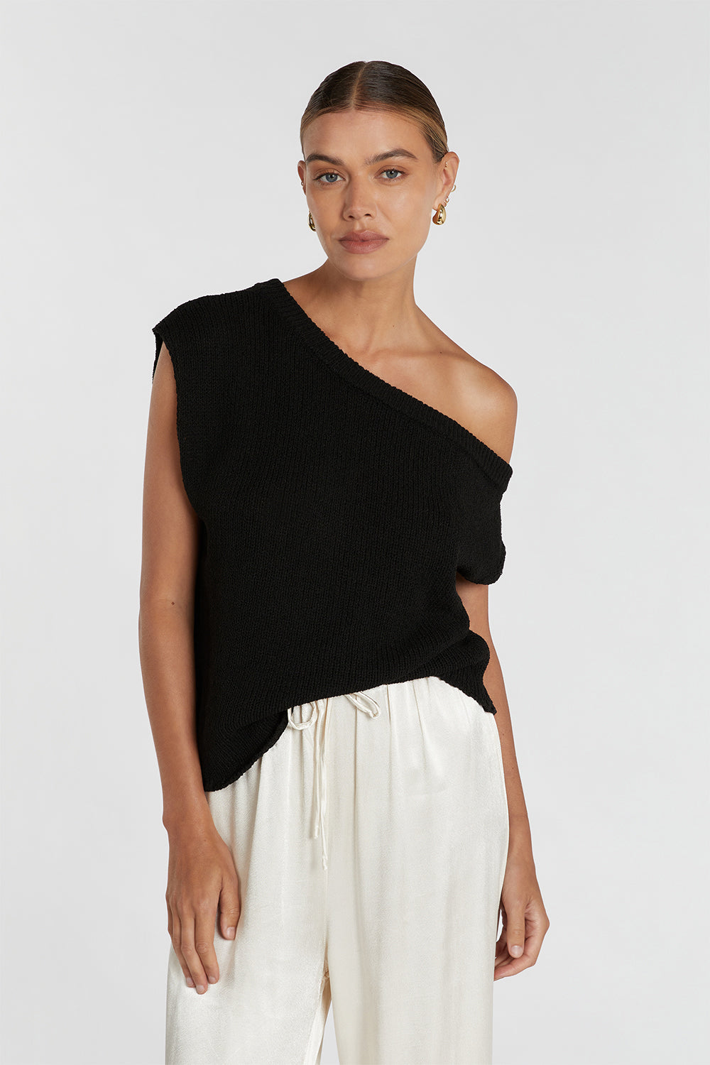 Kerry Black Asymmetrical Knit Top - Relaxed Fit Textured