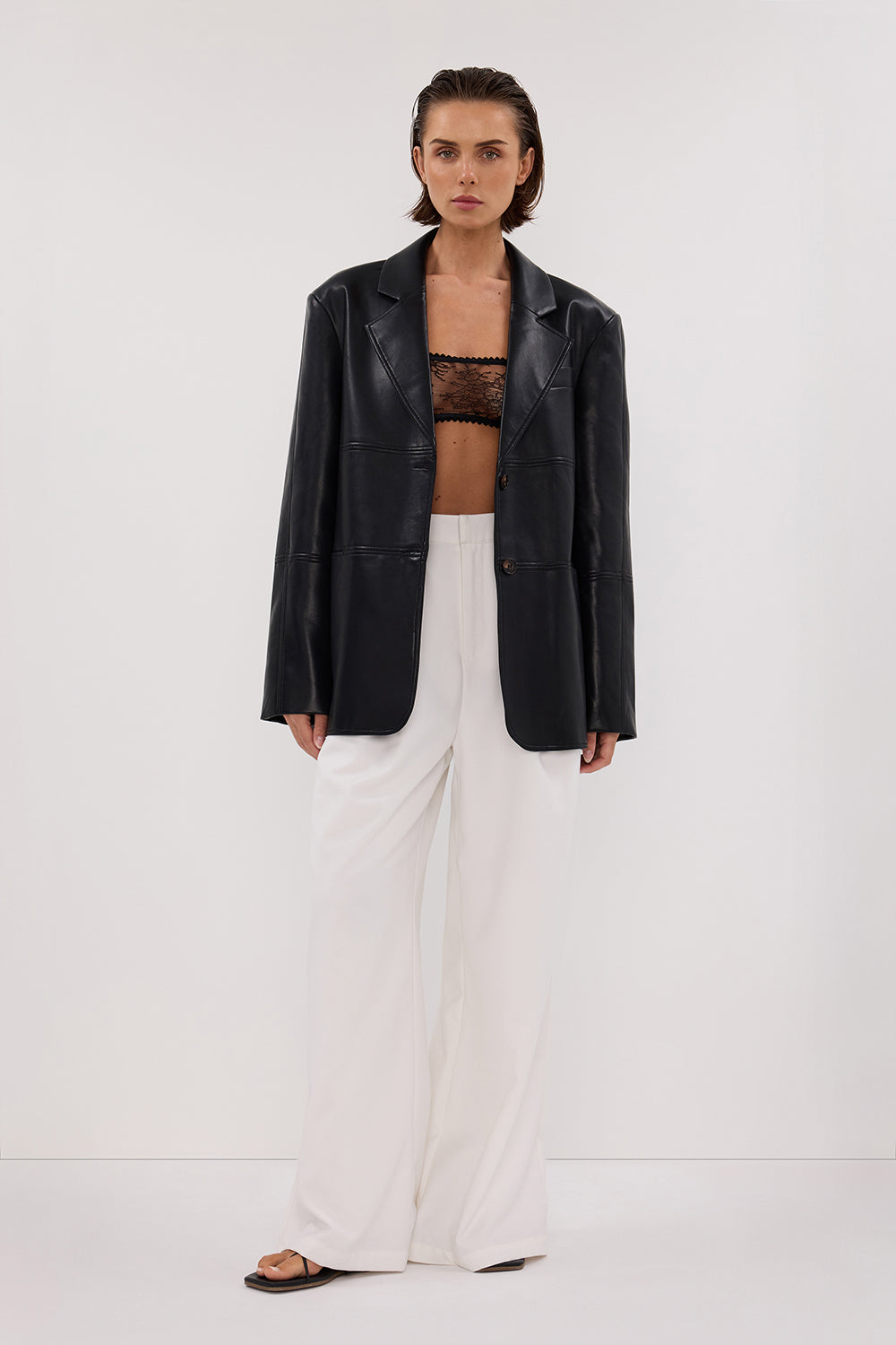 Monty Black Faux Leather Blazer - Tailored Longline with Boxy Shoulder