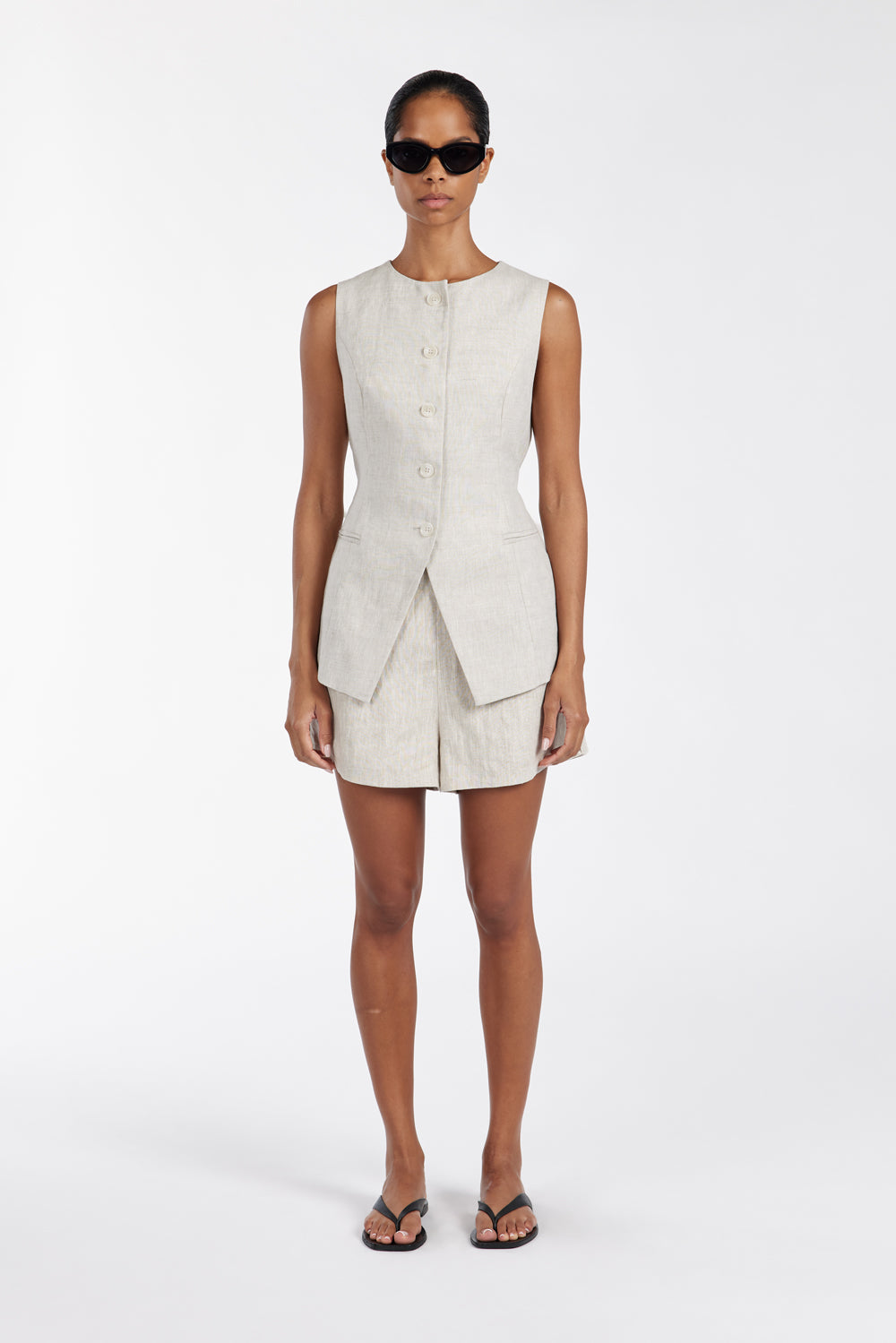 Alessia Linen Vest for Women - Adjustable Waist Tie & Button Front