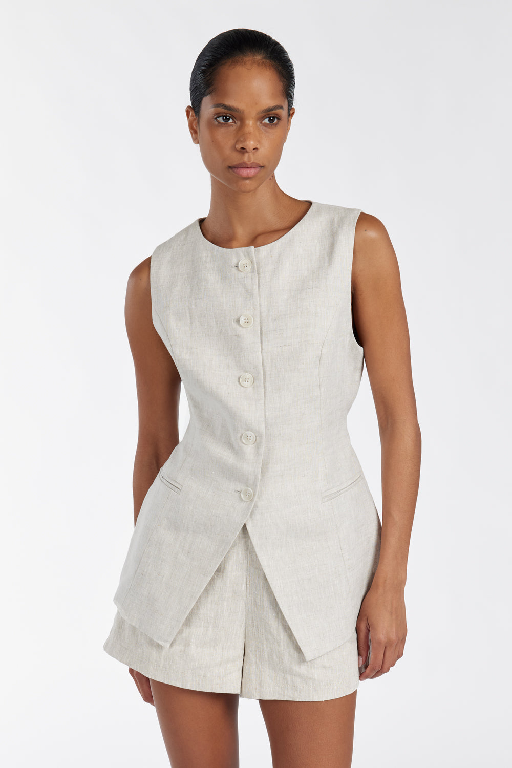 Alessia Linen Vest for Women - Adjustable Waist Tie & Button Front
