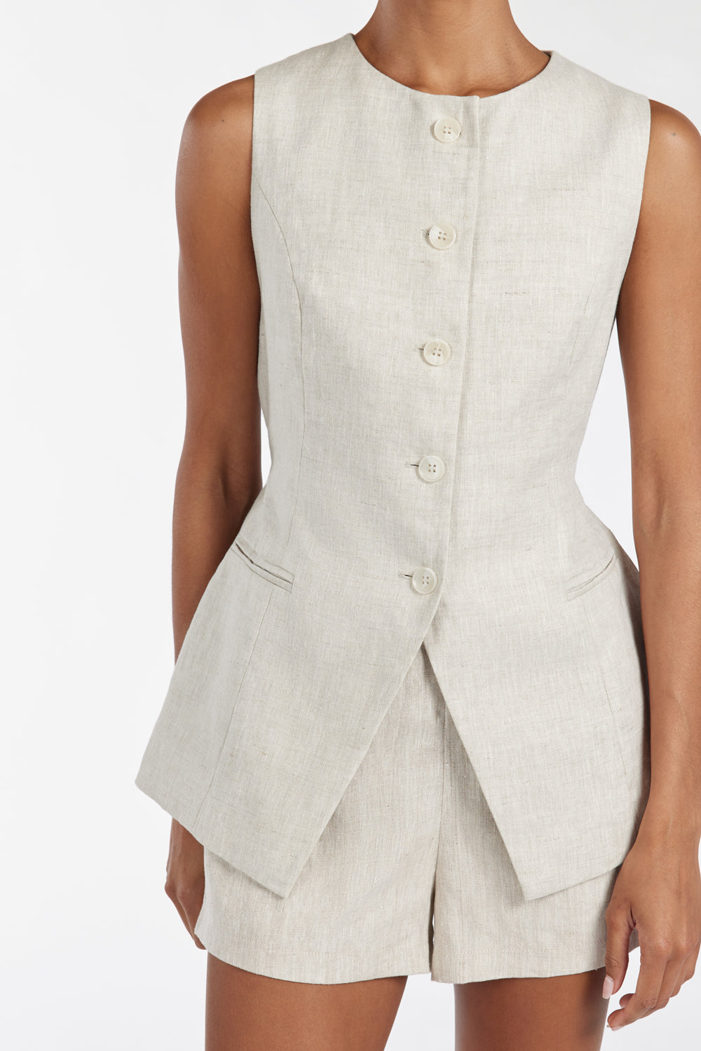 Alessia Linen Vest for Women - Adjustable Waist Tie & Button Front