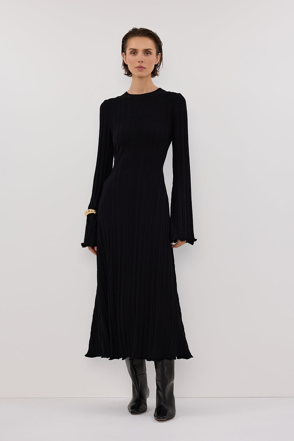 Sylvia Black Ribbed Knit Midi Dress with Side Ties
