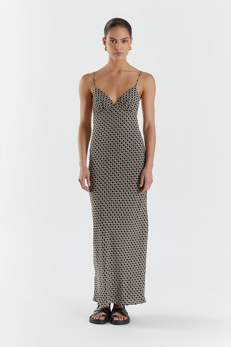 Brooks Geo Viscose Midi Slip Dress with Adjustable Straps