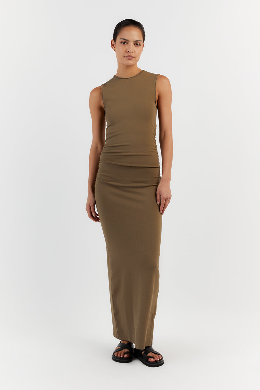 Romy Khaki Ruched Sleeveless Maxi Dress
