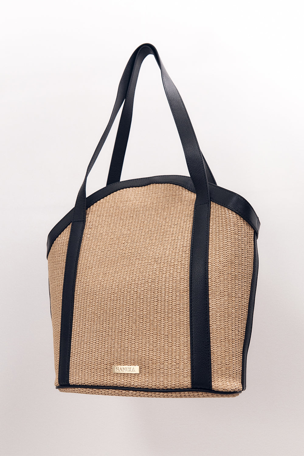 Sancia Demmia Raffia Bucket Tote Bag with Leather Straps