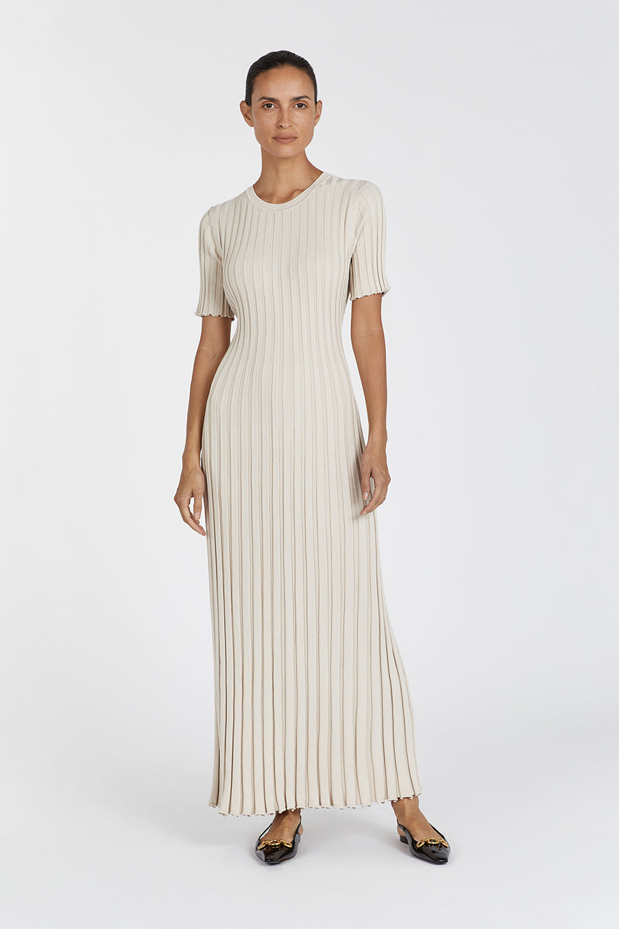 ADA Stone Knit Midi Dress with Lettuce Hem & Adjustable Tie