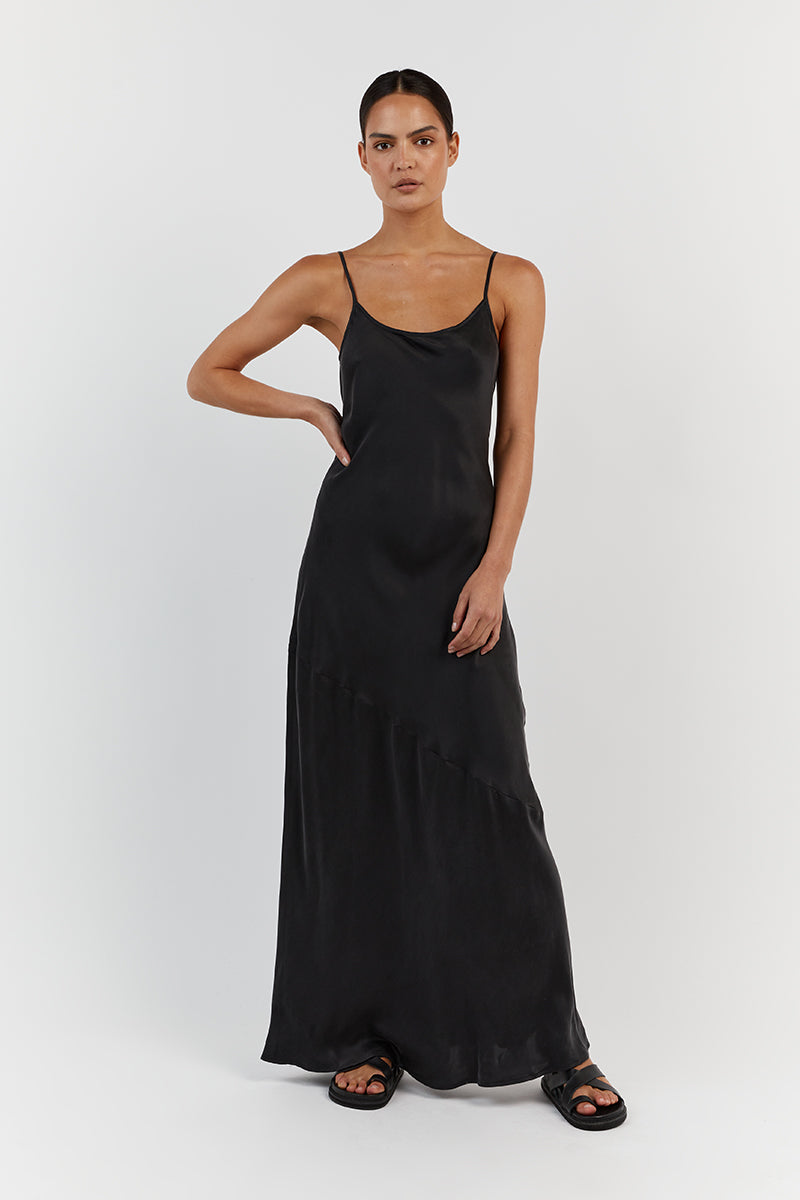 Layla Black Silk Maxi Dress with Adjustable Straps