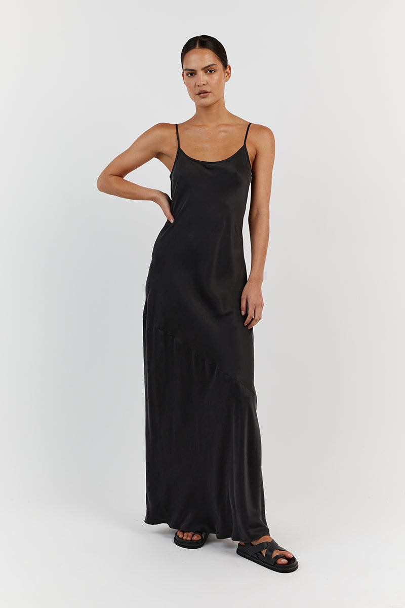 Layla Black Silk Maxi Dress with Adjustable Straps