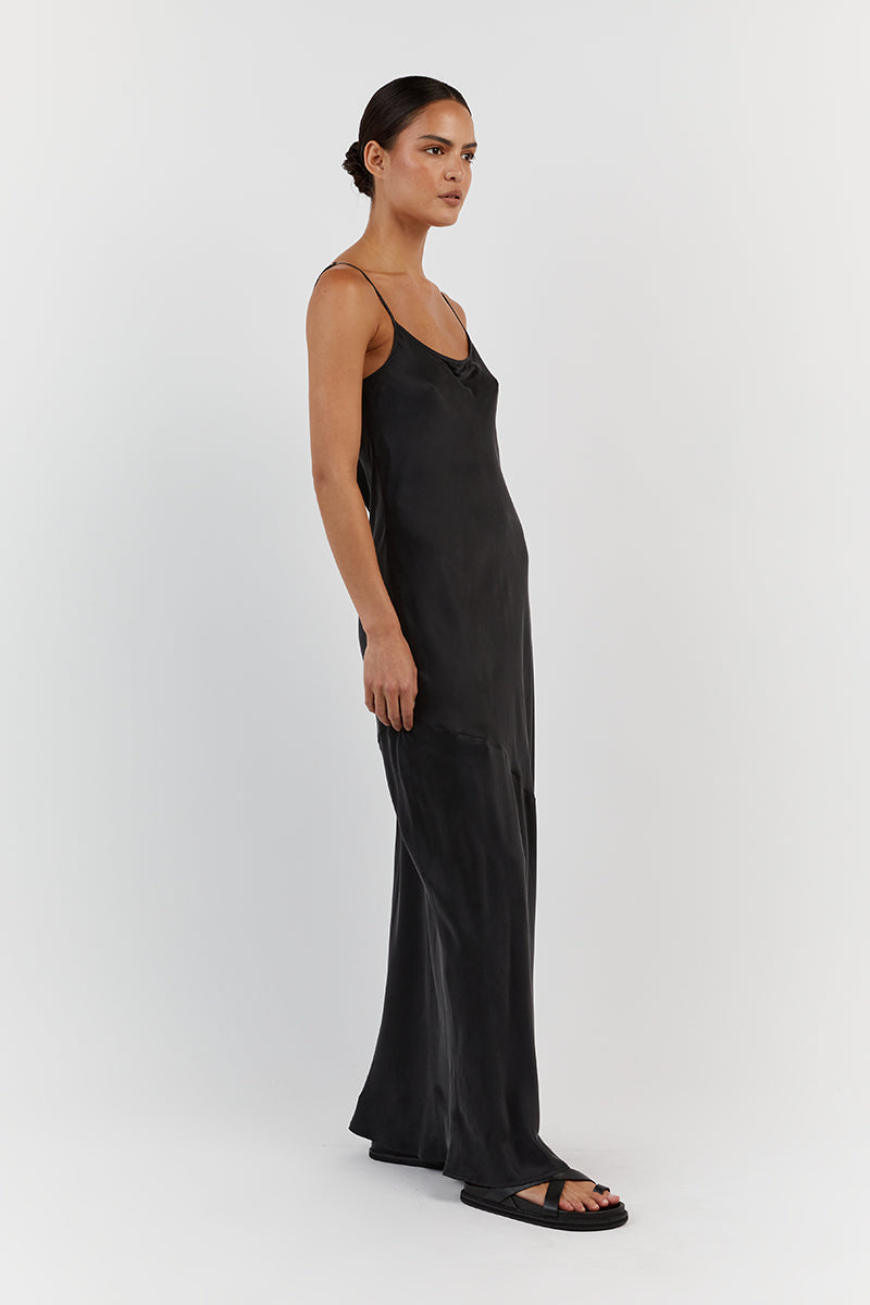 Layla Black Silk Maxi Dress with Adjustable Straps