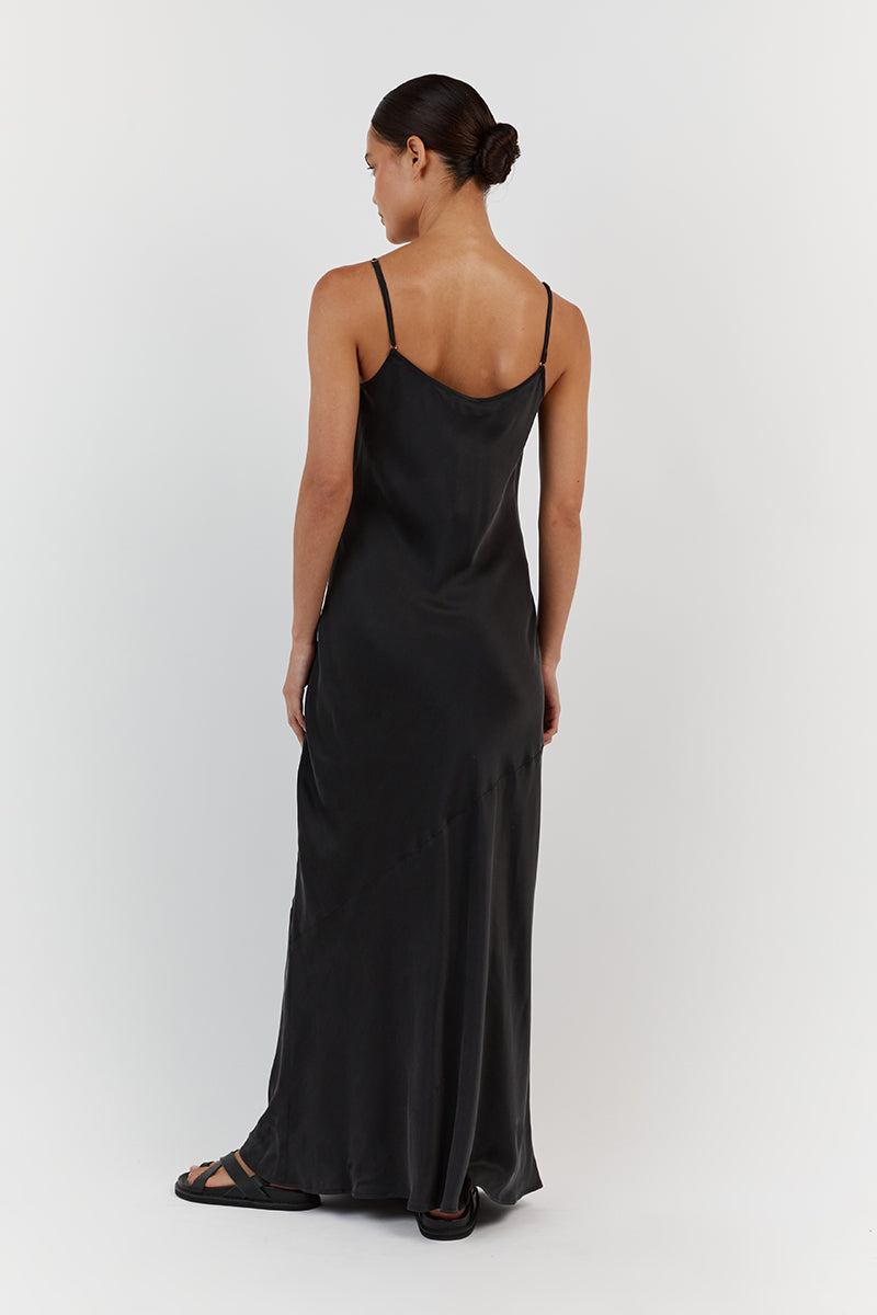 Layla Black Silk Maxi Dress with Adjustable Straps
