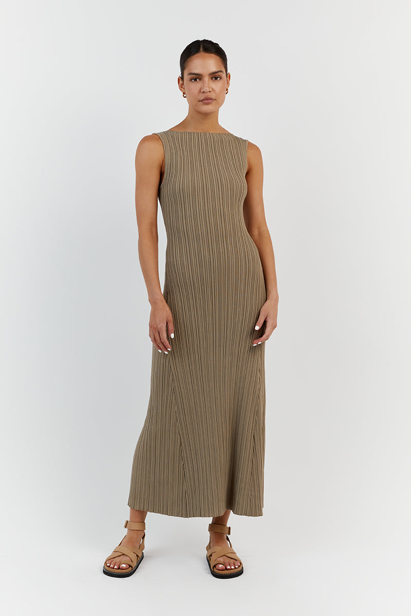 Ivy Moss Sleeveless Bodycon Midi Dress - Stretch Knit A-Line Hem