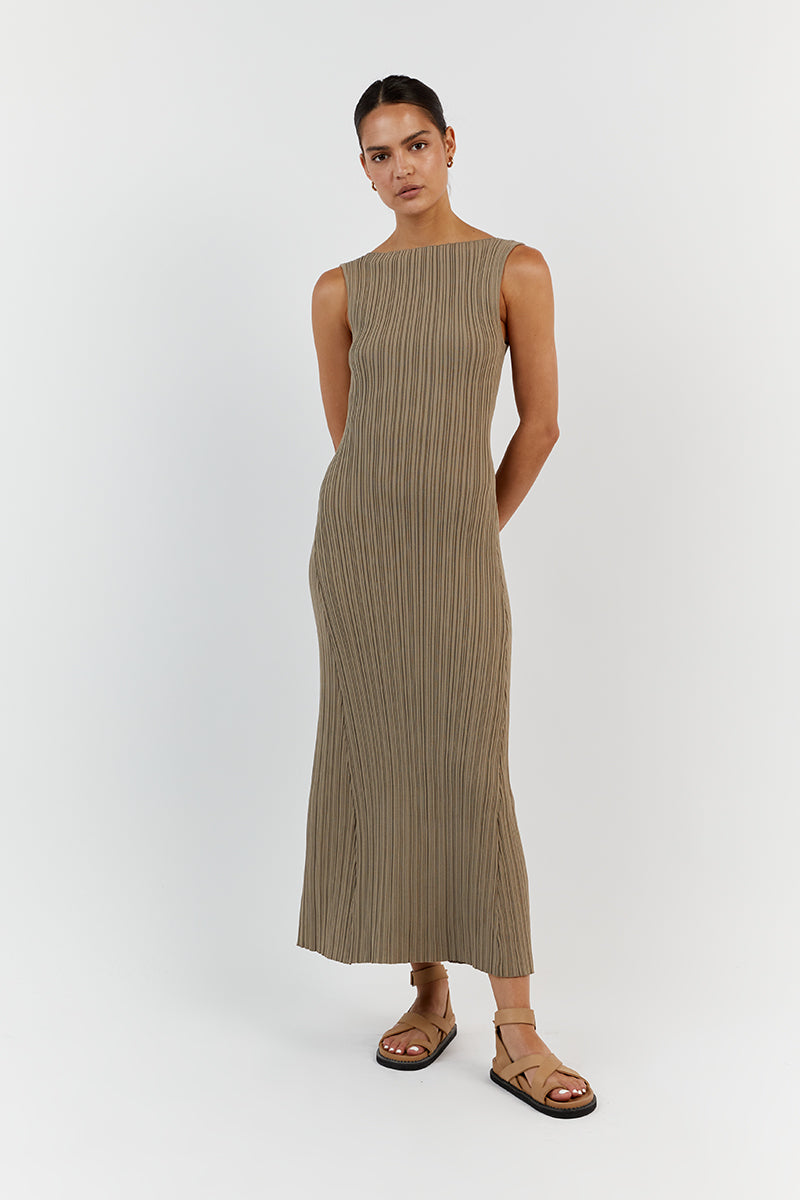 Ivy Moss Sleeveless Bodycon Midi Dress - Stretch Knit A-Line Hem