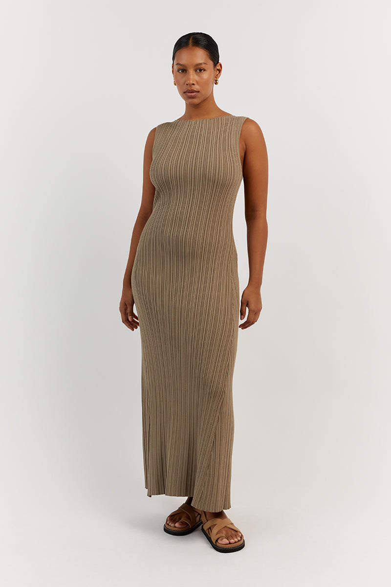 Ivy Moss Sleeveless Bodycon Midi Dress - Stretch Knit A-Line Hem