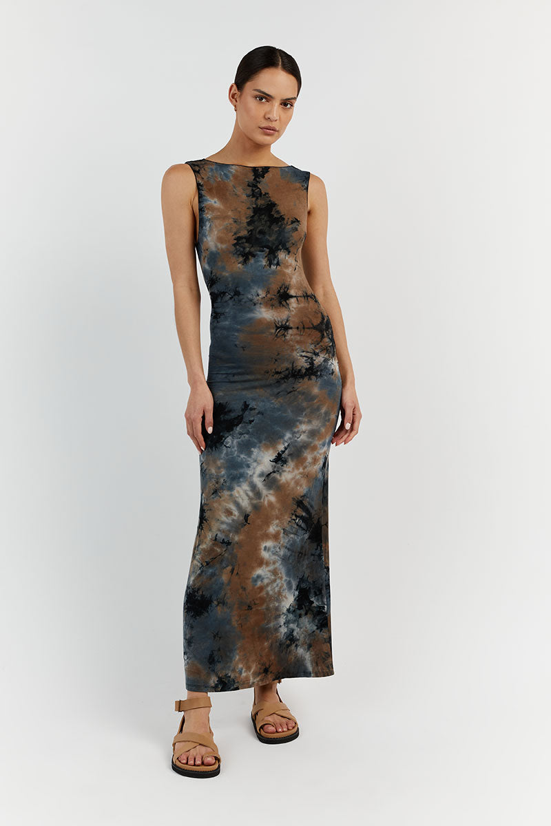 Millen Blue Tie Dye Viscose Midi Dress - Sleeveless & Lightweight