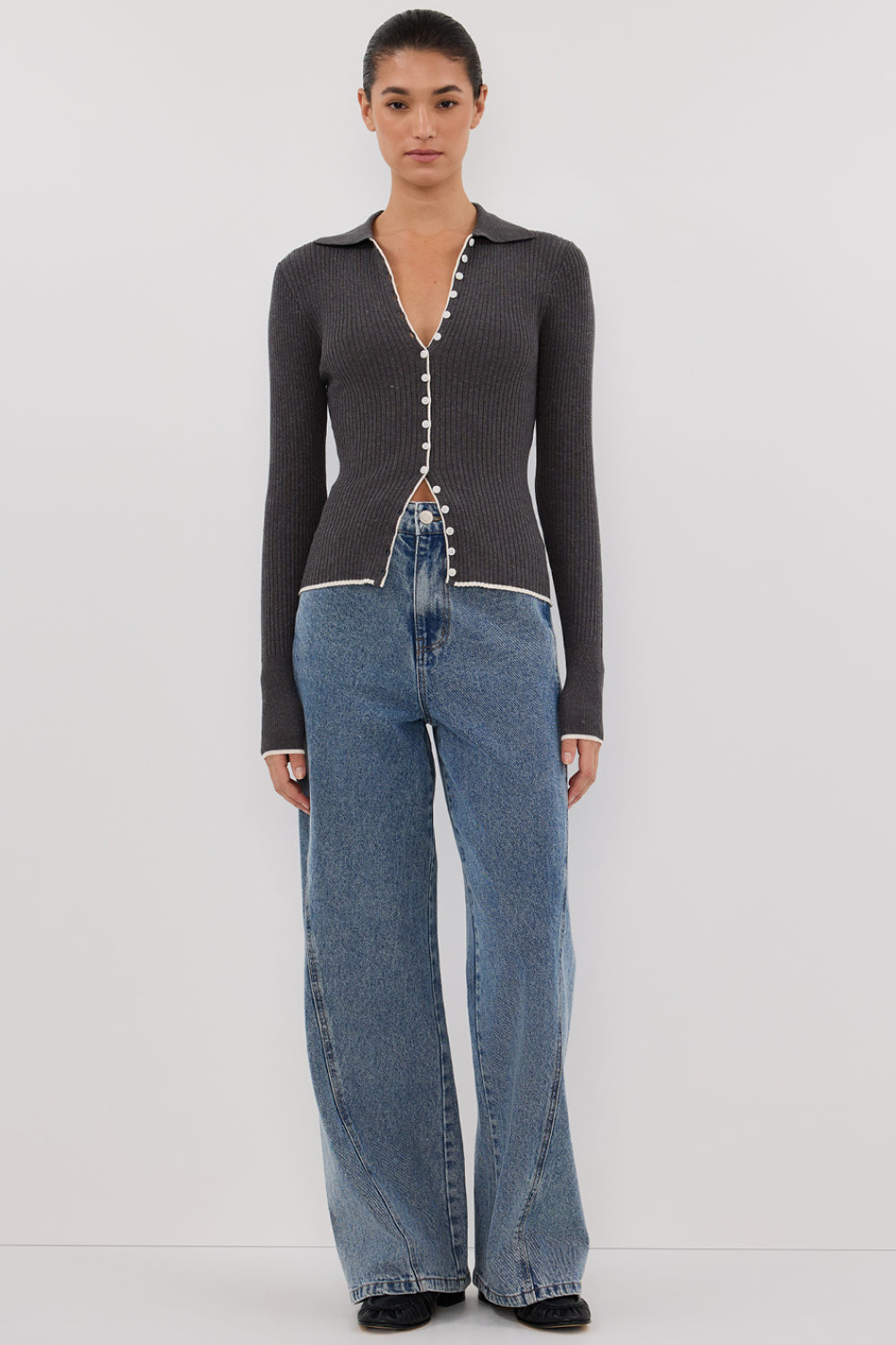Leonie Charcoal Marle Polo Knit Top - Long Sleeve Form Fitting Shirt