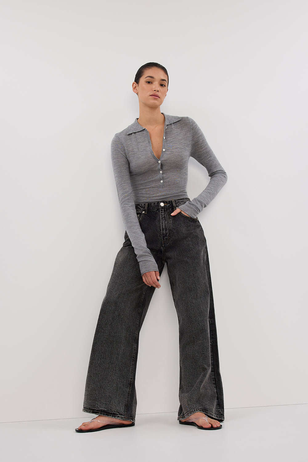 Jane Silver Marle Merino Wool Polo Top - Long Sleeve Form Fitting