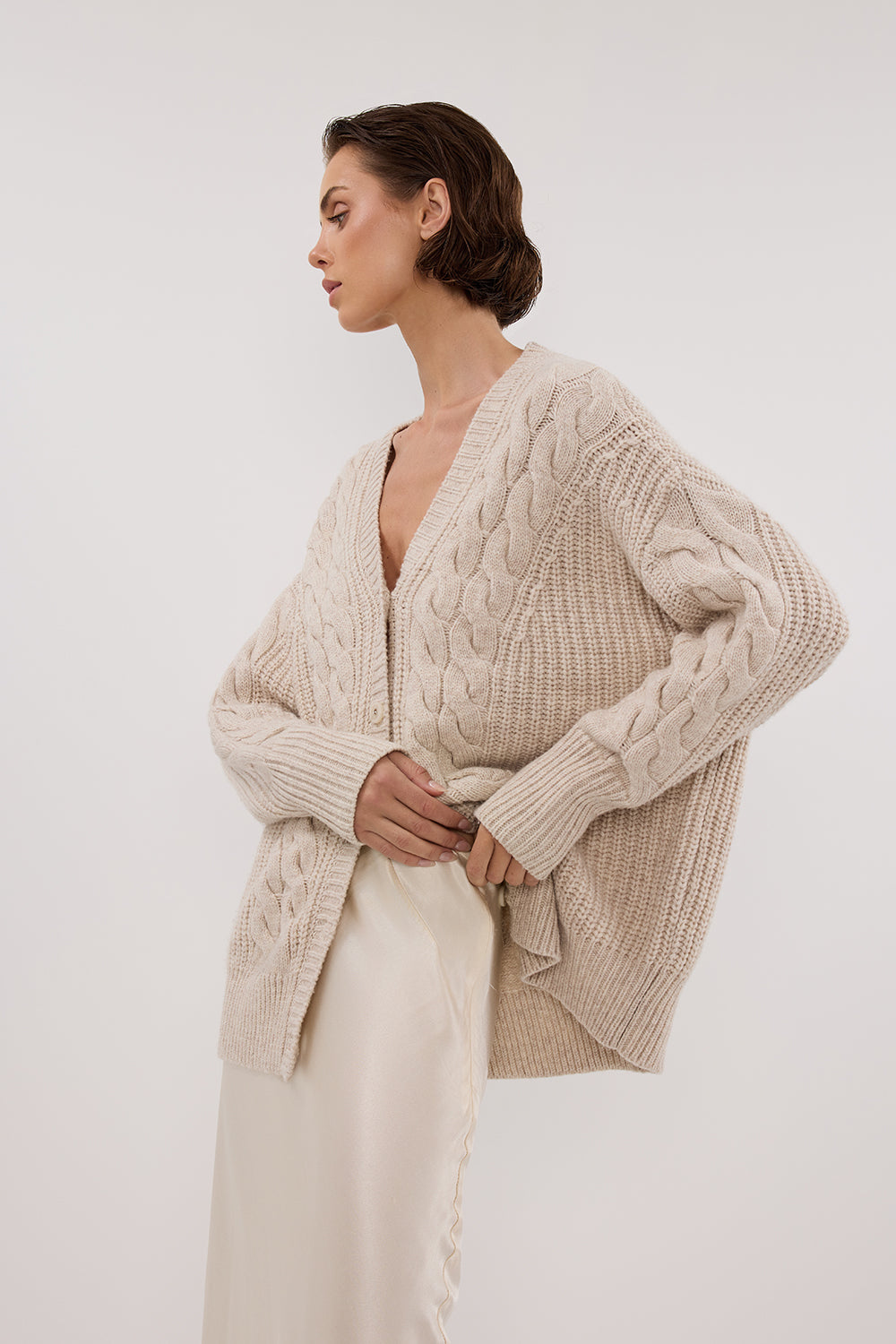 MARA Wool Cable Knit Cardigan - V-Neck Longline Women's Sweater