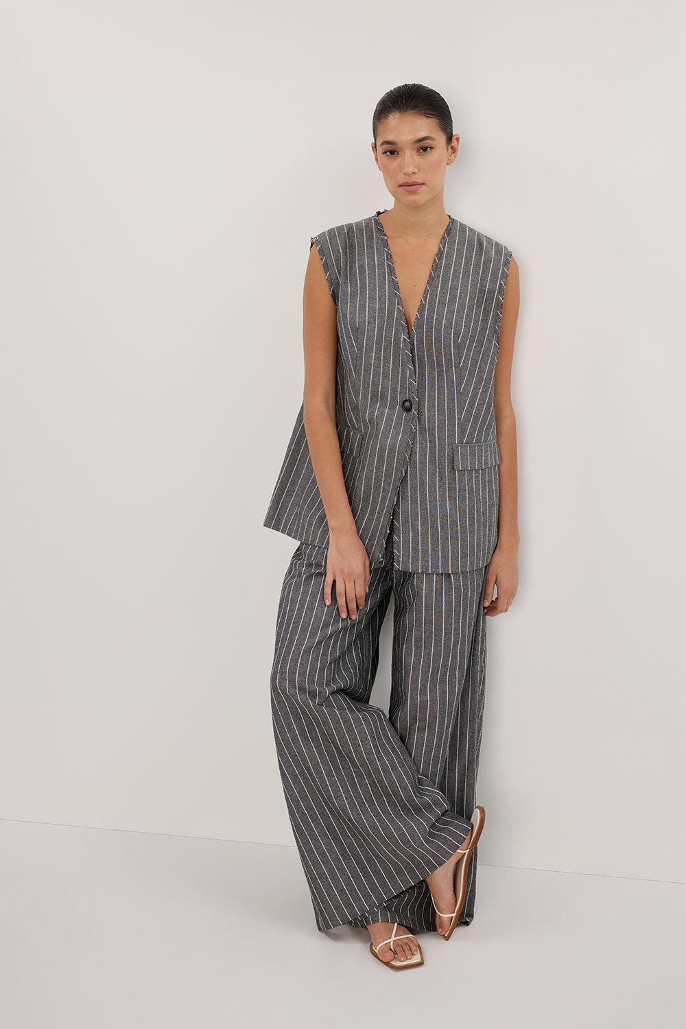 Ollie Slate Stripe Oversized Vest Top with Fringe Detailing