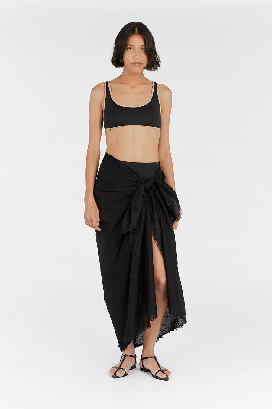 Black Linen Sarong Wrap with Fringe – NOVA Lightweight Beach Cover-Up