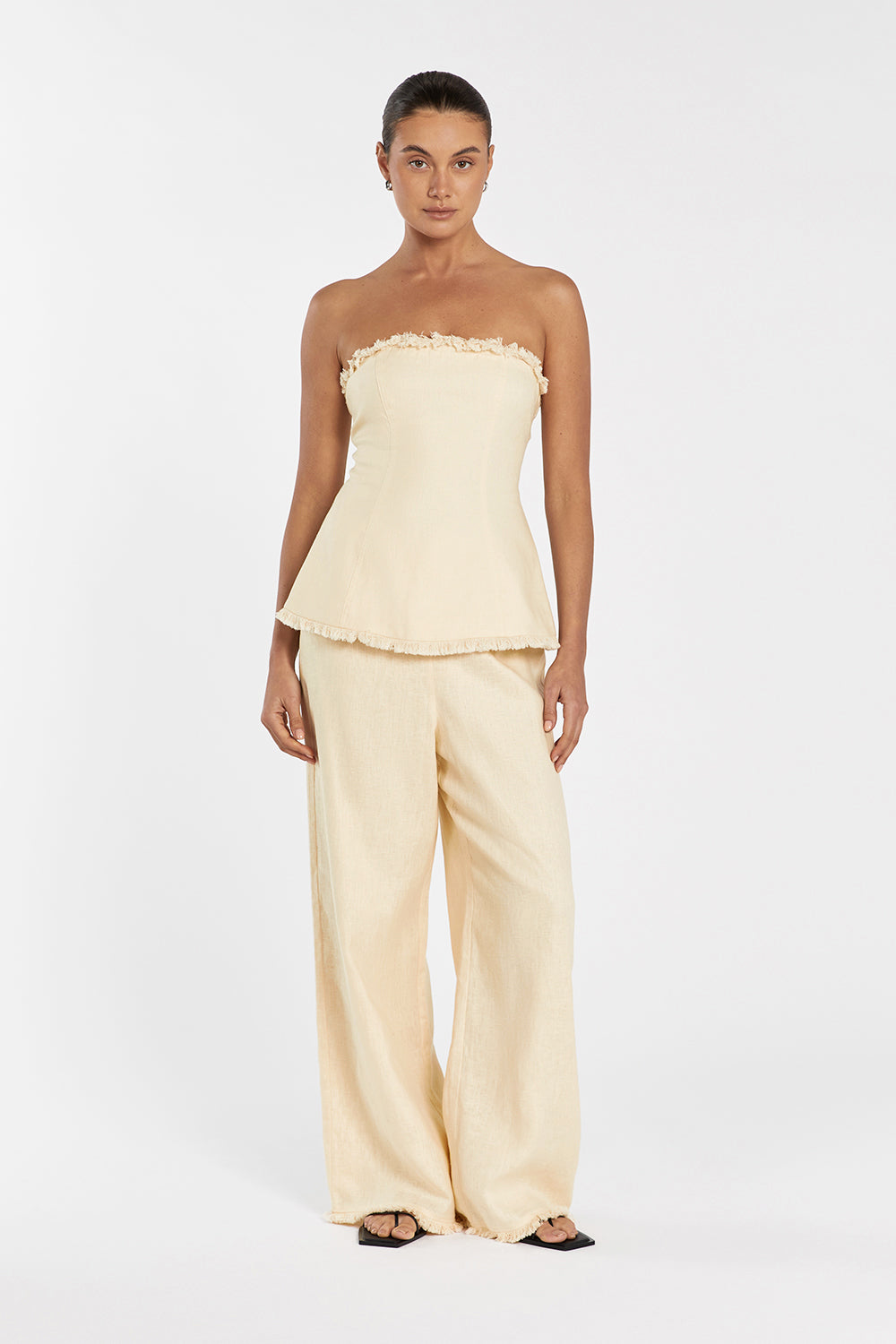 Zahara Strapless Linen Fringed Top with Back Zip