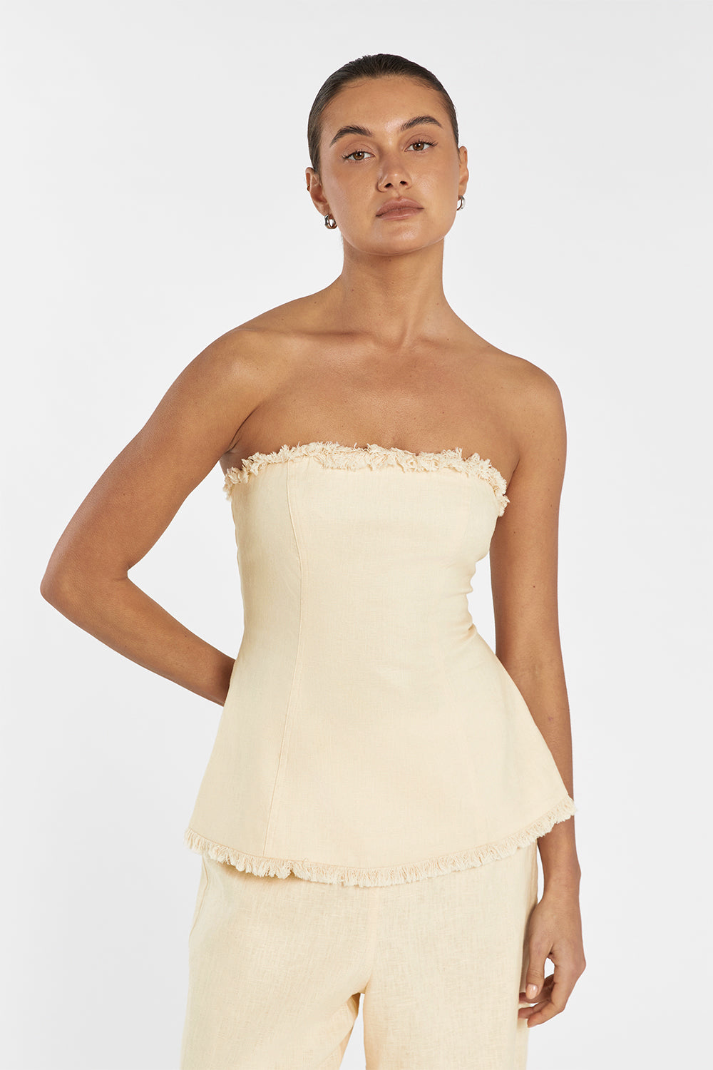 Zahara Strapless Linen Fringed Top with Back Zip