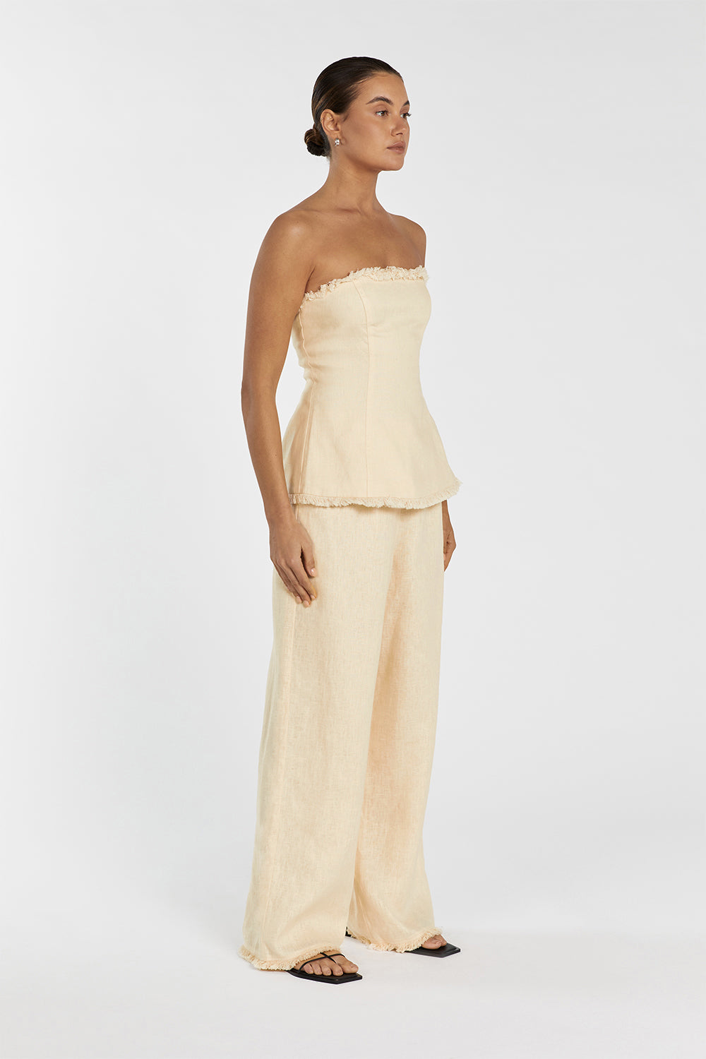 Zahara Strapless Linen Fringed Top with Back Zip