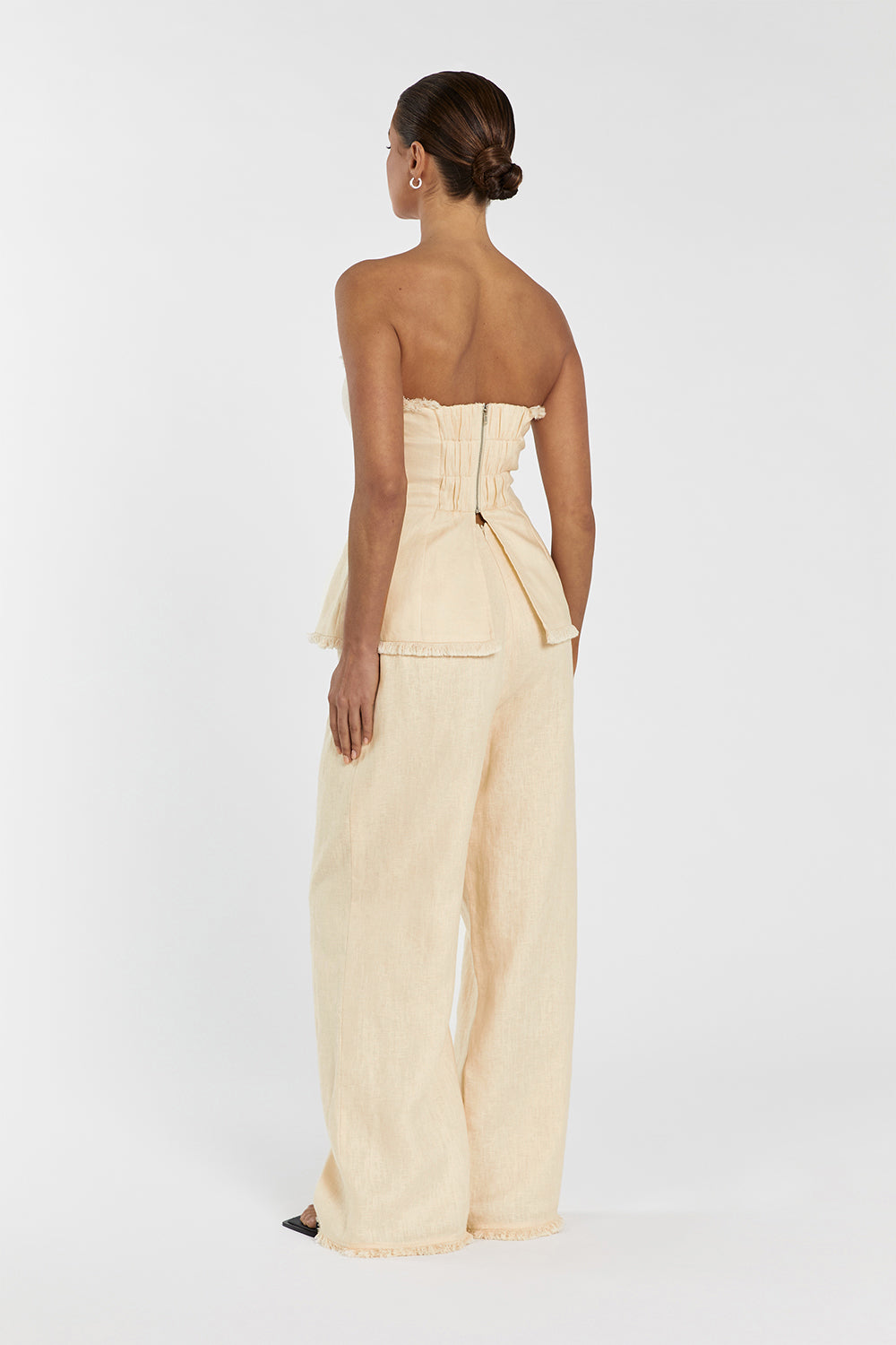 Zahara Strapless Linen Fringed Top with Back Zip