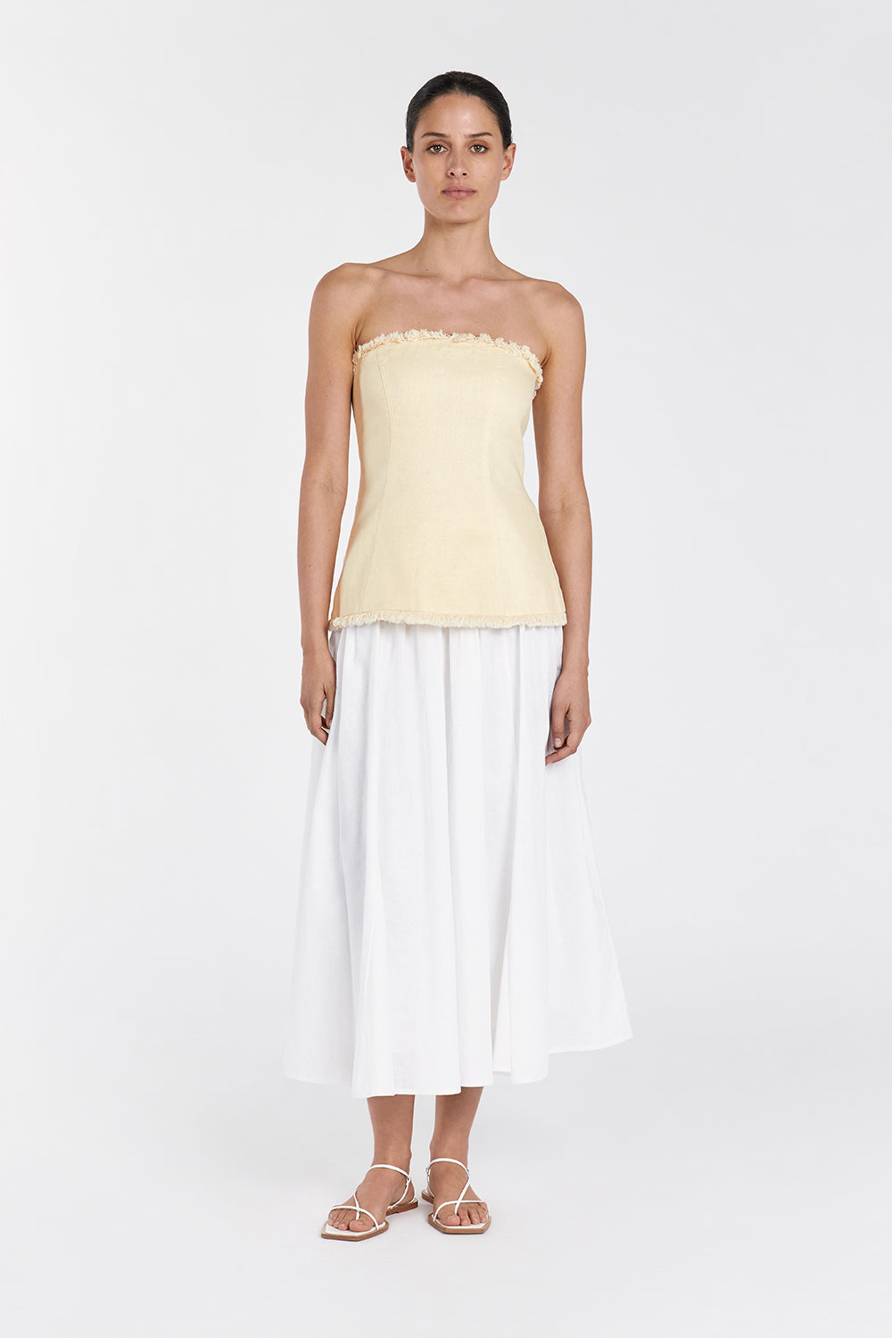 Zahara Strapless Linen Fringed Top with Back Zip