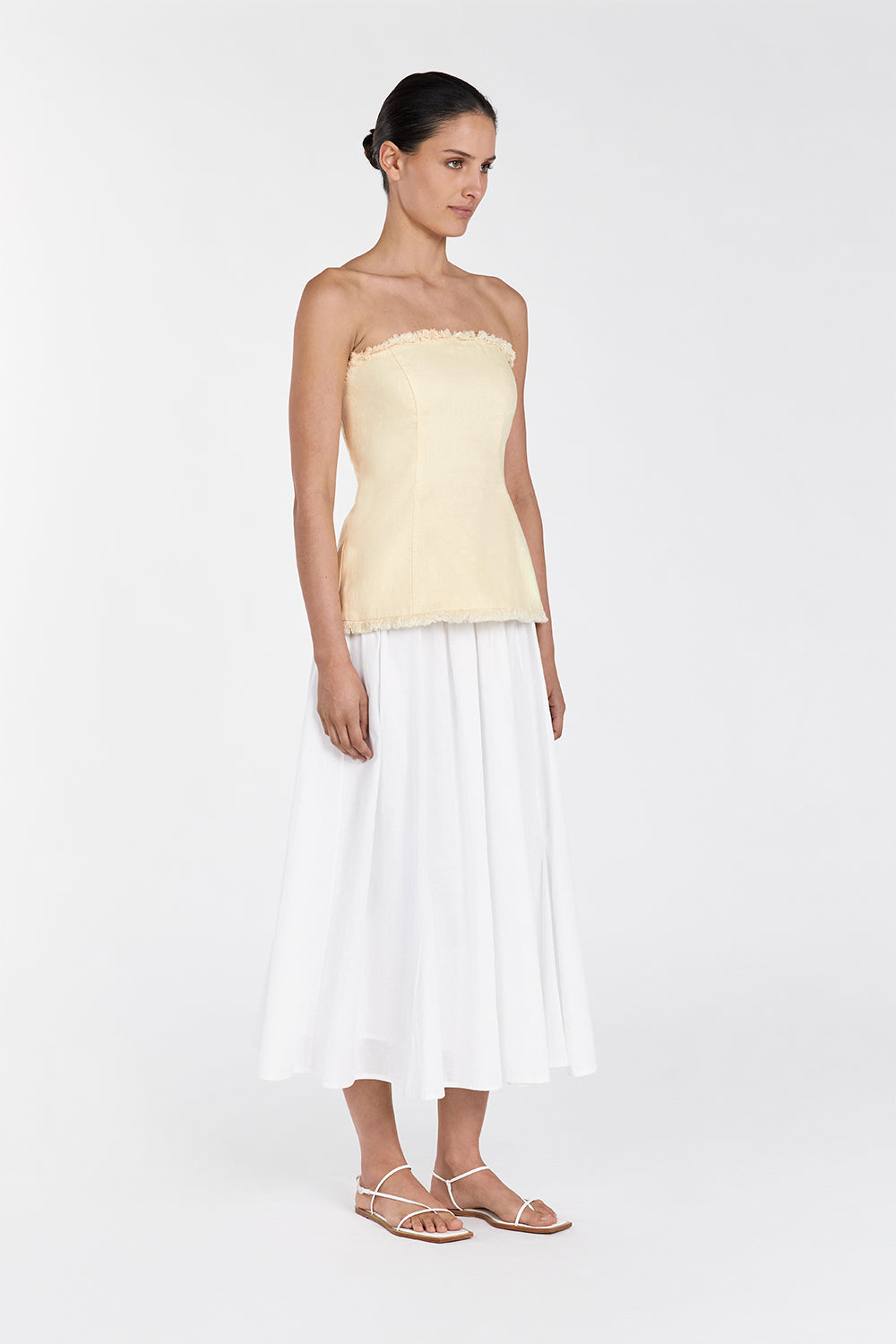Zahara Strapless Linen Fringed Top with Back Zip