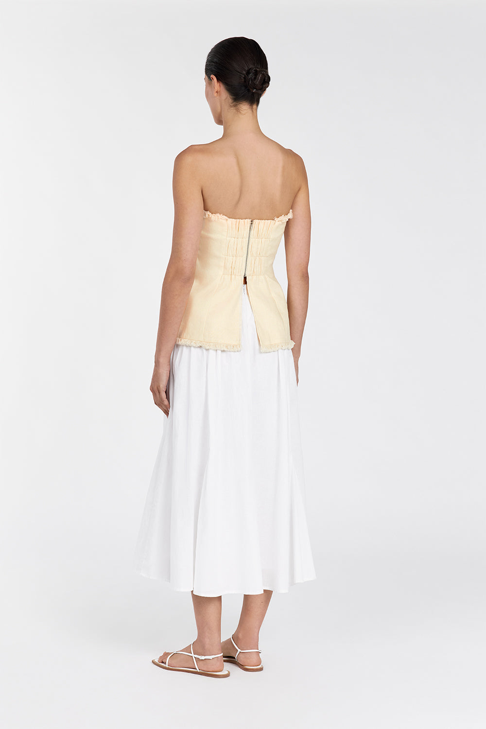 Zahara Strapless Linen Fringed Top with Back Zip