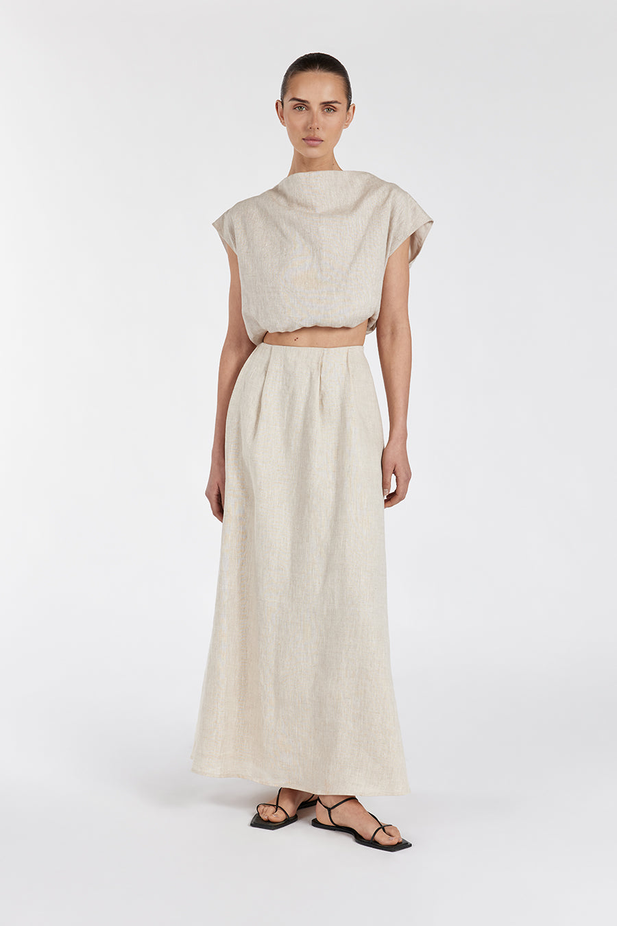 Amy Linen Midi Skirt with Pockets - Natural High Waist Elasticated