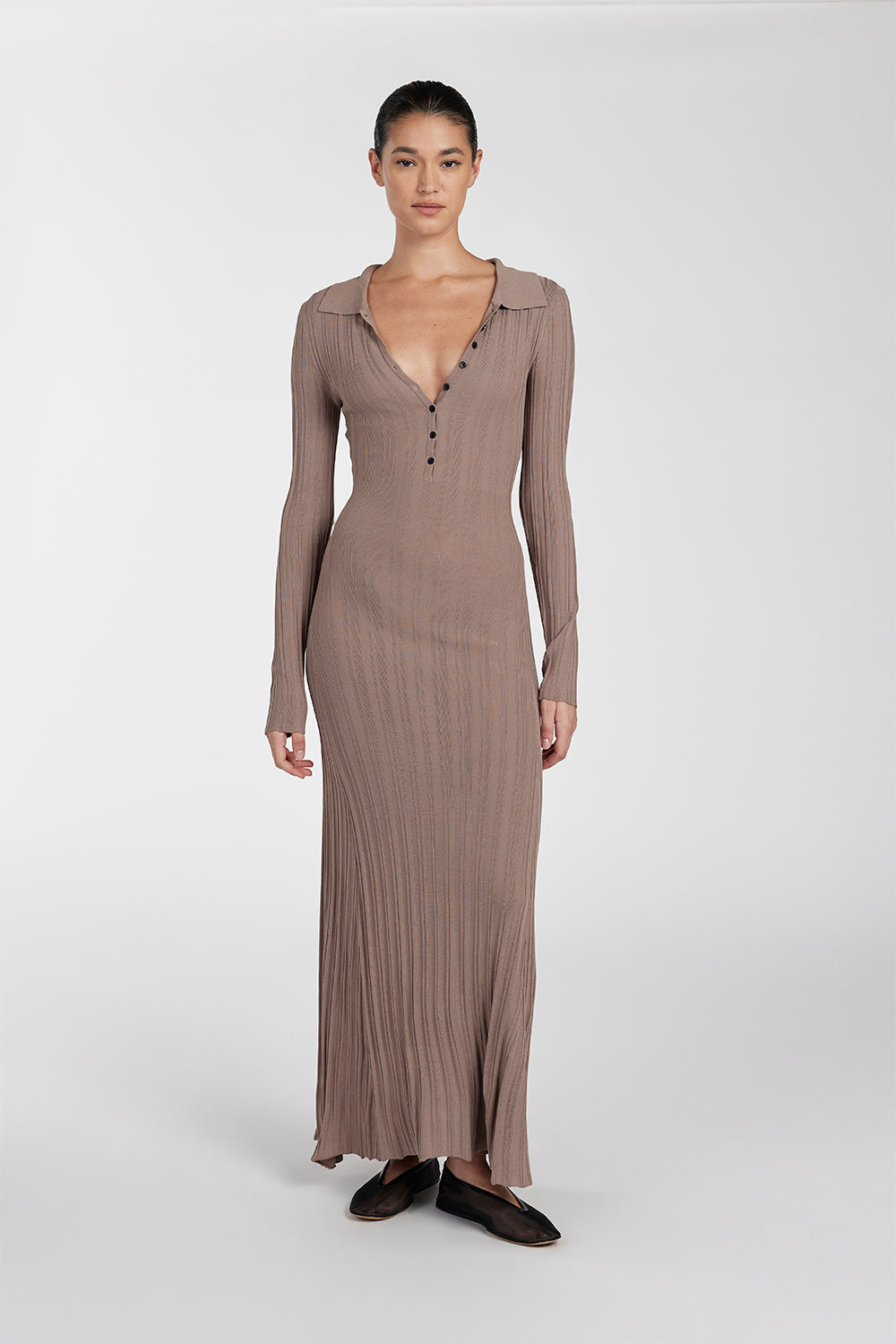 Taupe Polo Neck Ribbed Knit Midi Dress - Sylvia
