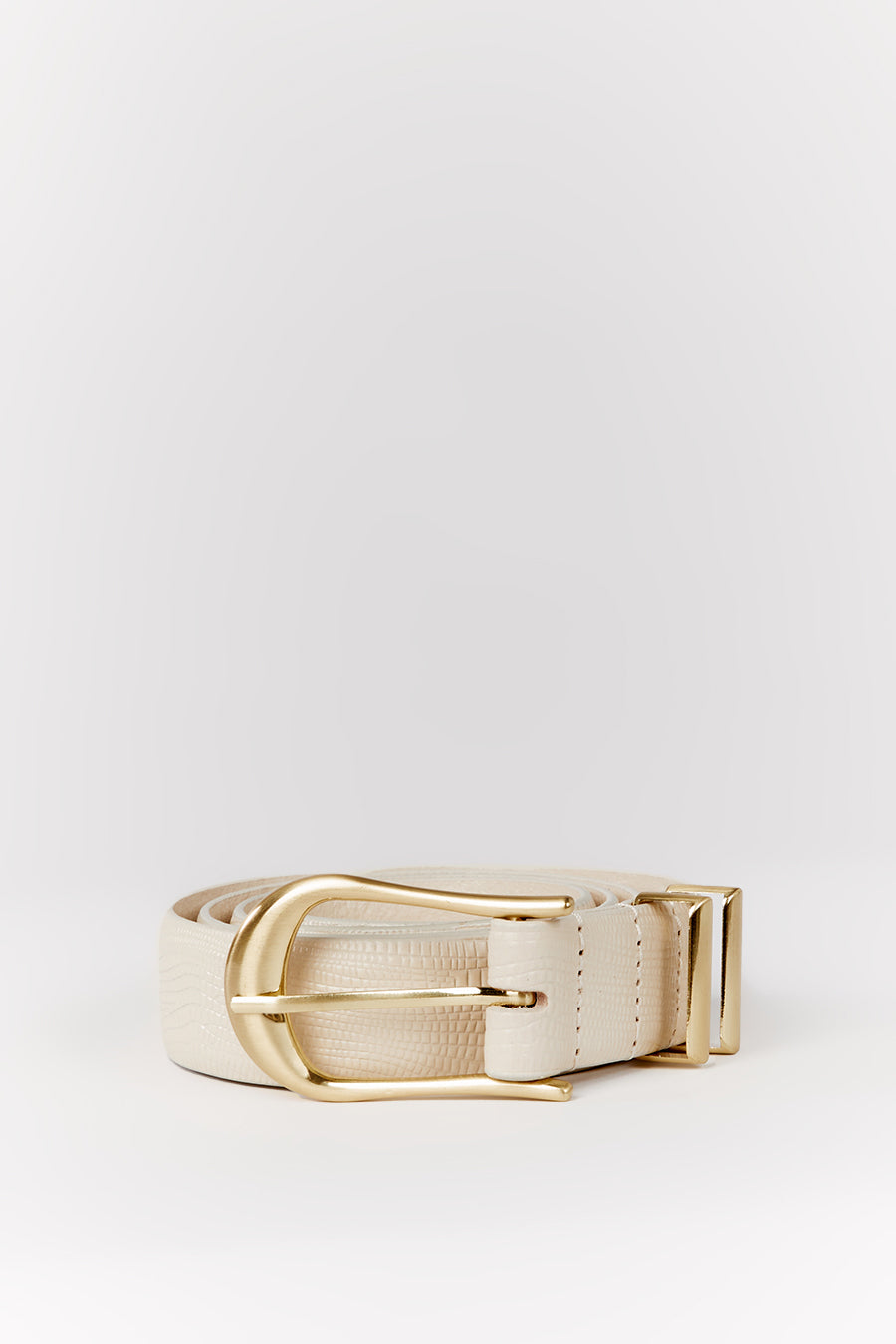 Sancia Anika Off White Lizard Embossed Leather Belt with Gold Hardware