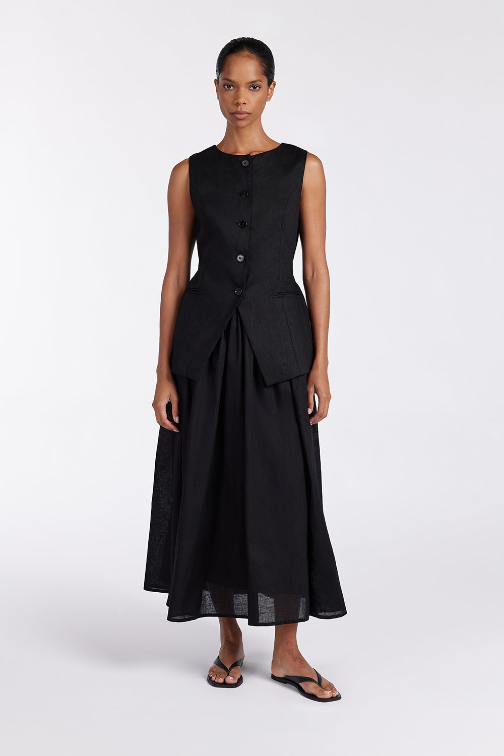 Black Linen Midi Skirt with Pintuck Waistband & Back Zip