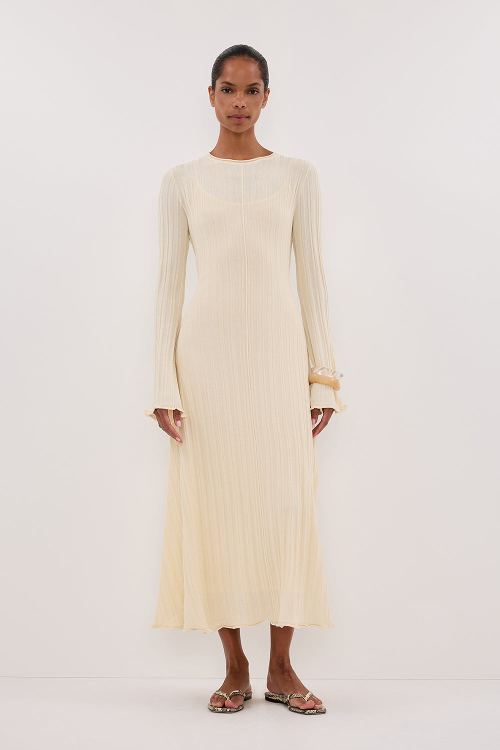 Sylvia Cream Knit Midi Dress with Side Ties & Removable Lining